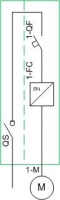 Схема силовая однолинейная - 1 электродвигатель, схема пуска FA (каждый от ПЧ), схема питания 1N (1 ввод, без АВР, с выключателем-разъединителем)