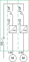 Схема силовая однолинейная - 2 электродвигателя, схема пуска SB (каждый от УПП), схема питания 1N (1 ввод, без АВР, с выключателем-разъединителем)
