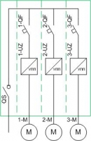 Схема силовая однолинейная - 3 электродвигателя, схема пуска SB (каждый от УПП), схема питания 1N (1 ввод, без АВР, с выключателем-разъединителем)